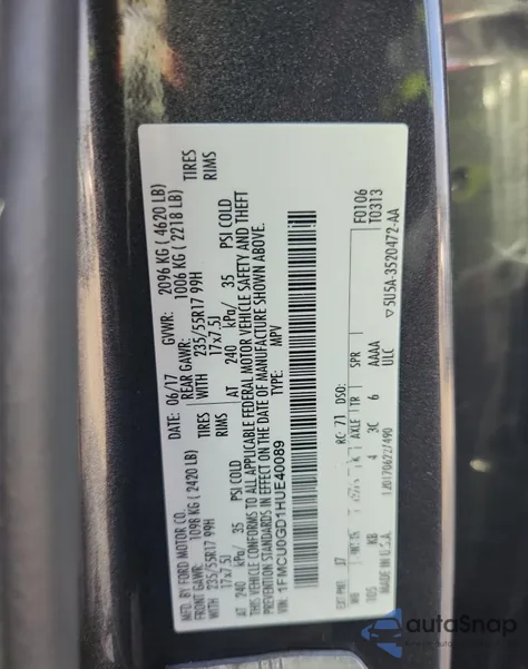 2017 Ford Escape Se z USA, uszkodzony, nr VIN 1FMCU0GD1HUE40089